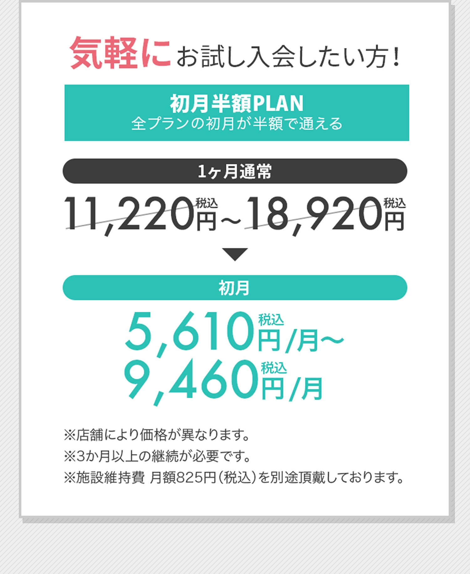 気軽にお試し入会したい方！初月半額PLAN全プランの初月が半額で通える