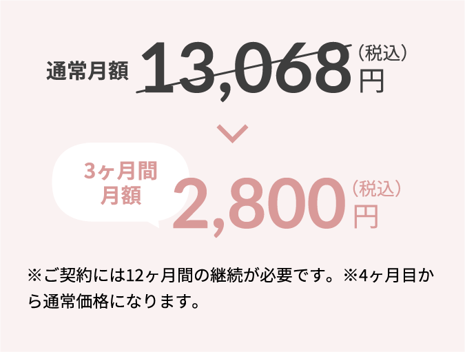 通常月額13,068円（税込）→3ヶ月間月額2,800円（税込）※ご契約には12ヶ月間の継続が必要です。※4ヶ月目から通常価格になります。