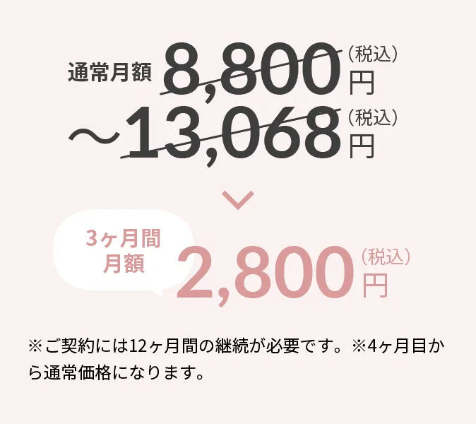 通常月額8,800円〜13,068円（税込）→3ヶ月間月額2,800円（税込）※ご契約には12ヶ月間の継続が必要です。※4ヶ月目から通常価格になります。