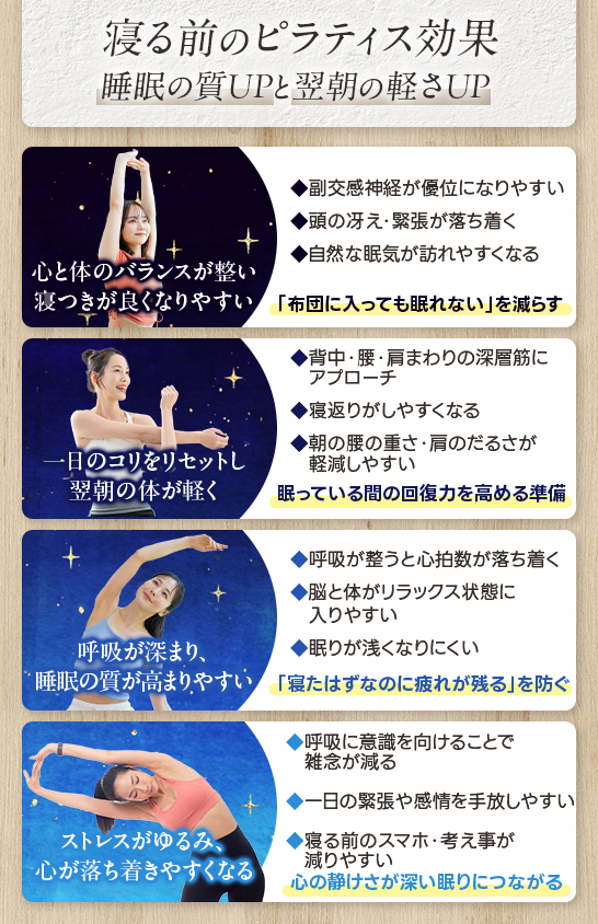 寝る前のピラティス効果｜睡眠の質UPと翌朝の軽さUP