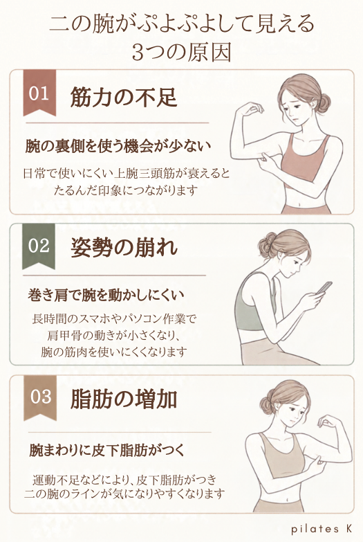 二の腕がぷよぷよして見える主な原因として、筋力の不足、姿勢の崩れ、脂肪の増加の3つを示した図解