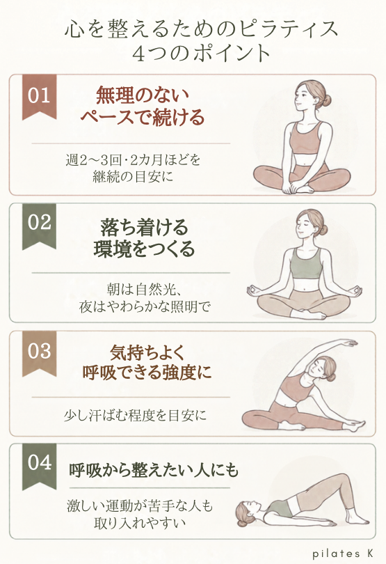 ピラティスで心を整えるための4つのポイント。無理のないペースで続ける、落ち着ける環境をつくる、気持ちよく呼吸できる強度にする、呼吸から整えたい人にも取り入れやすいことを紹介。
